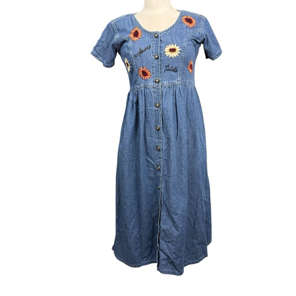 Vintage 90s Jane Ashley Petite Denim Maxi Dress Sunflower Embroidery PM